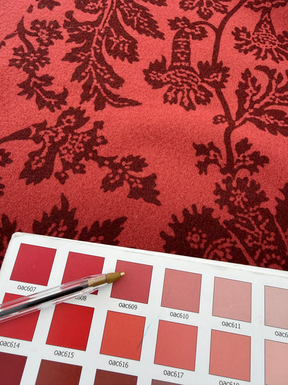 Scalamandre Monique in Red Jacobean Printed Felt Floral Brown On Red - By The Yard - MSRP USD290/y