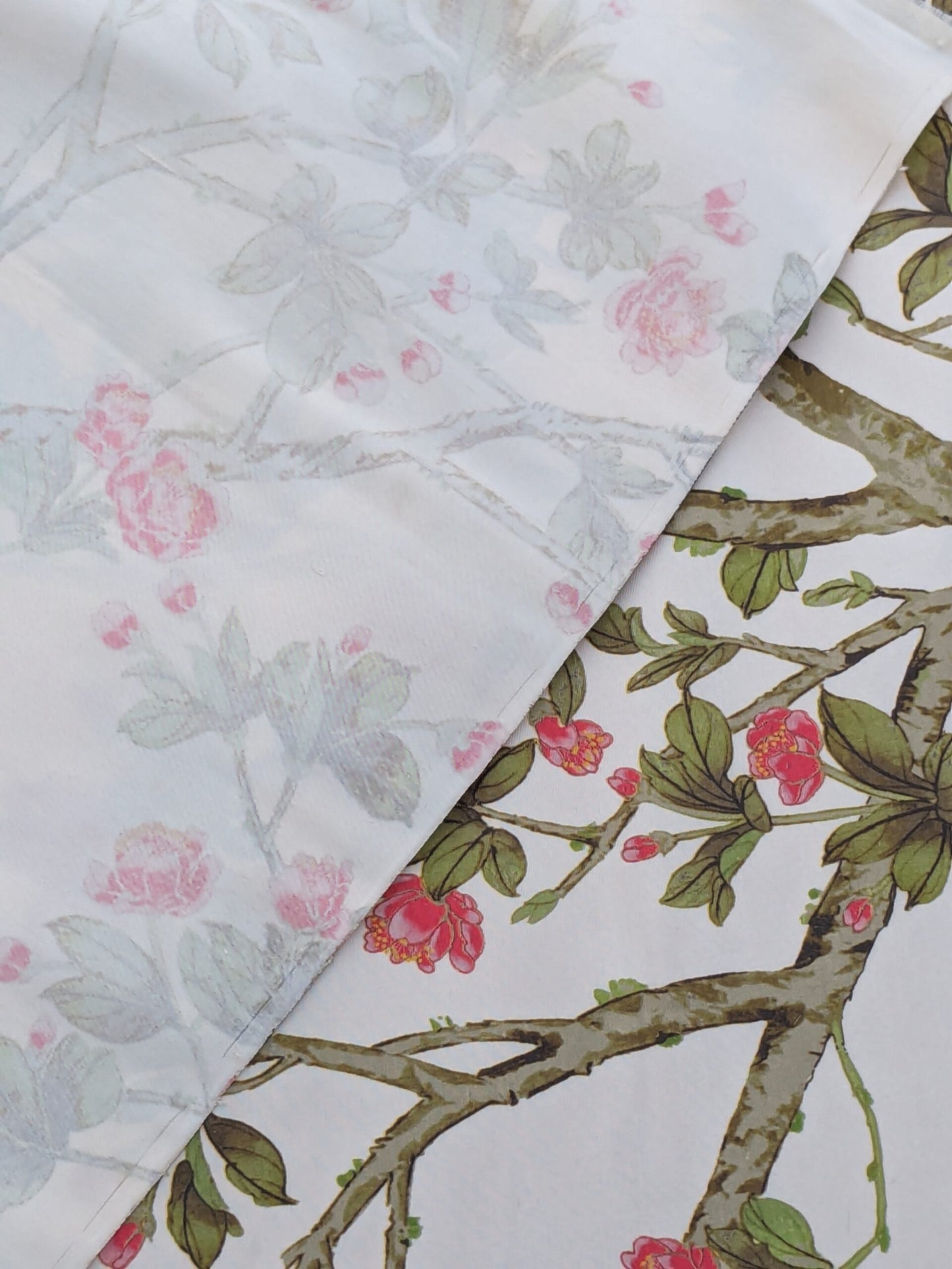 Scalamandre  KNOLLWOOD CORAL PEAR Silk Print Cherry Blossom Tree in Spring Pink Green by Old World Weavers  MSRP USD320/y