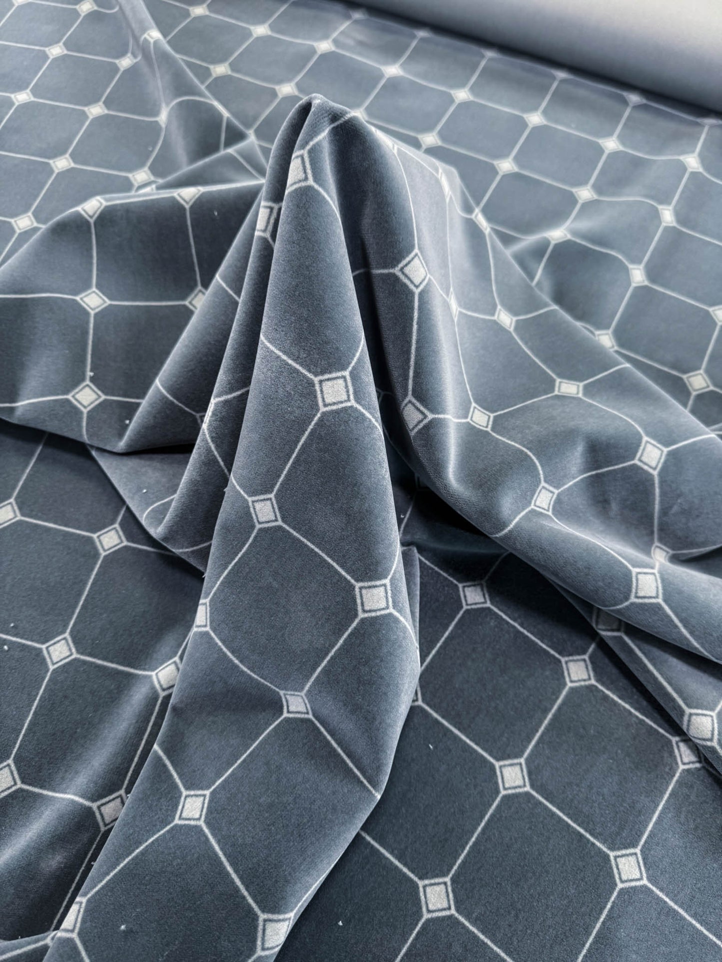 Scalamandre Zen - Jean Paul Gaultier Ciel Grey White Cotton Velvet Print Go Chess Asian Wisdom - By The Yard