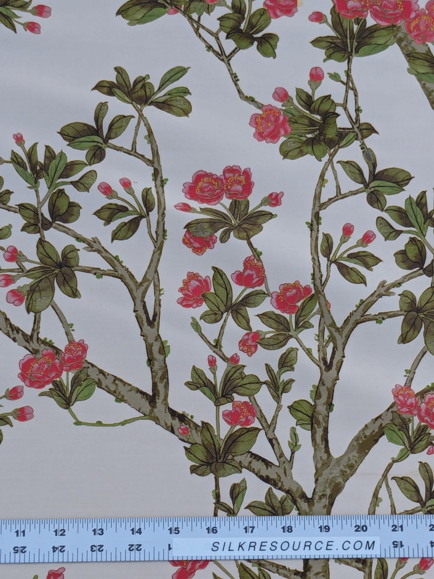 Scalamandre  KNOLLWOOD CORAL PEAR Silk Print Cherry Blossom Tree in Spring Pink Green by Old World Weavers  MSRP USD320/y