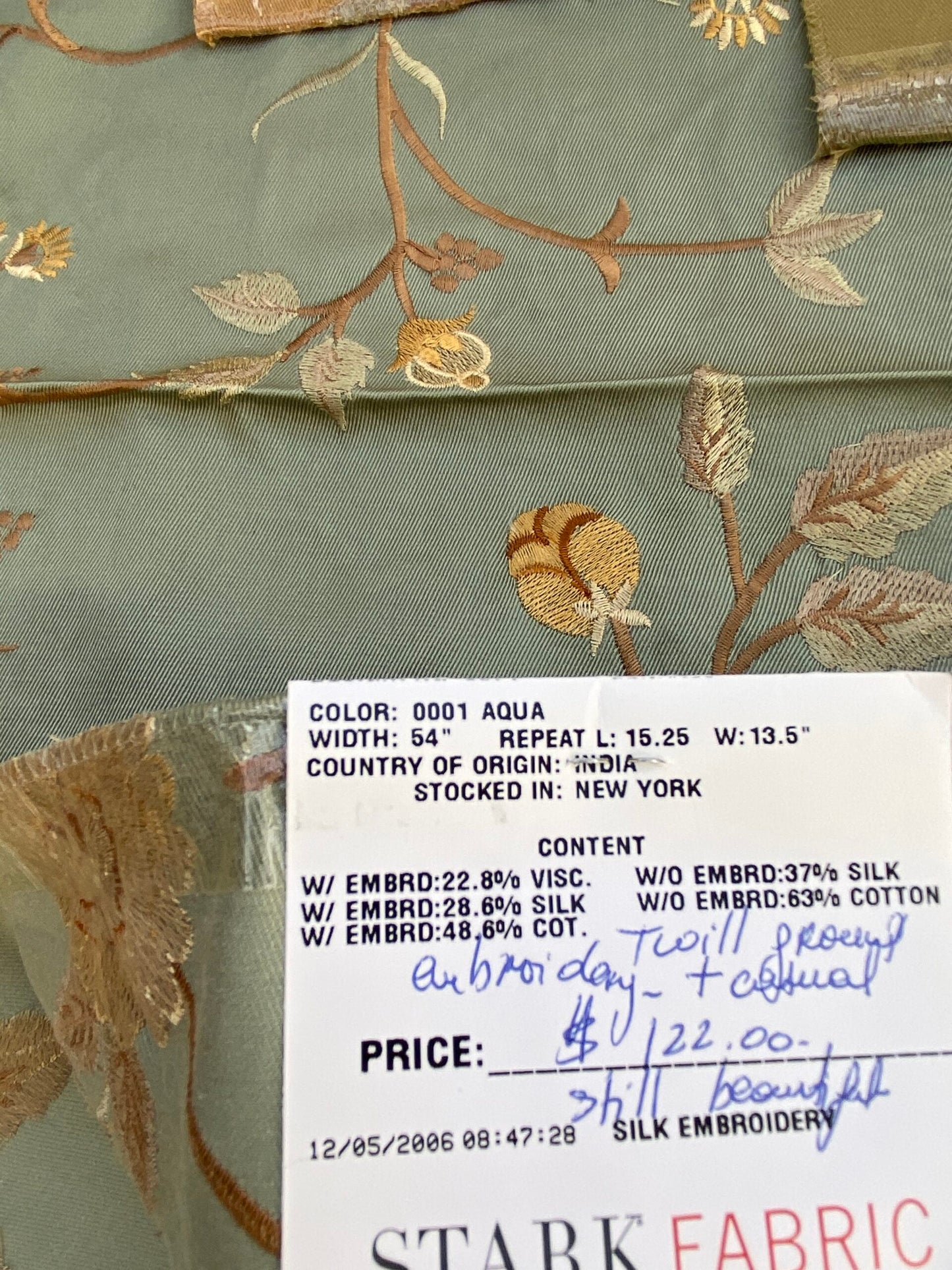 21 Berkbox73 Square Silk by Old World Weavers Benares Aqua Silk Embroidery 36"x 26" MSRP USD 250/y