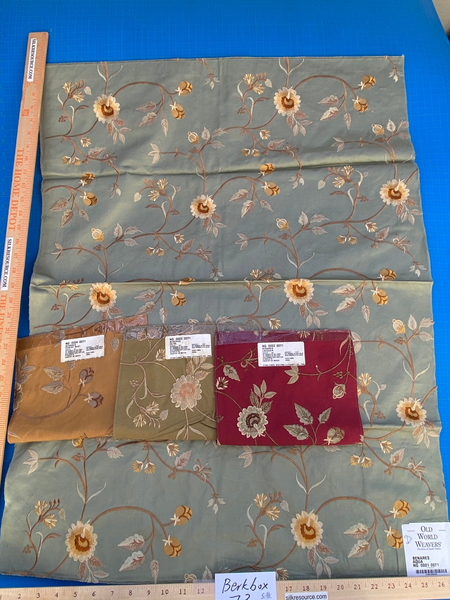 22 Berkbox73 Square Silk by Old World Weavers Benares Aqua Silk Embroidery MSRP USD 250/y