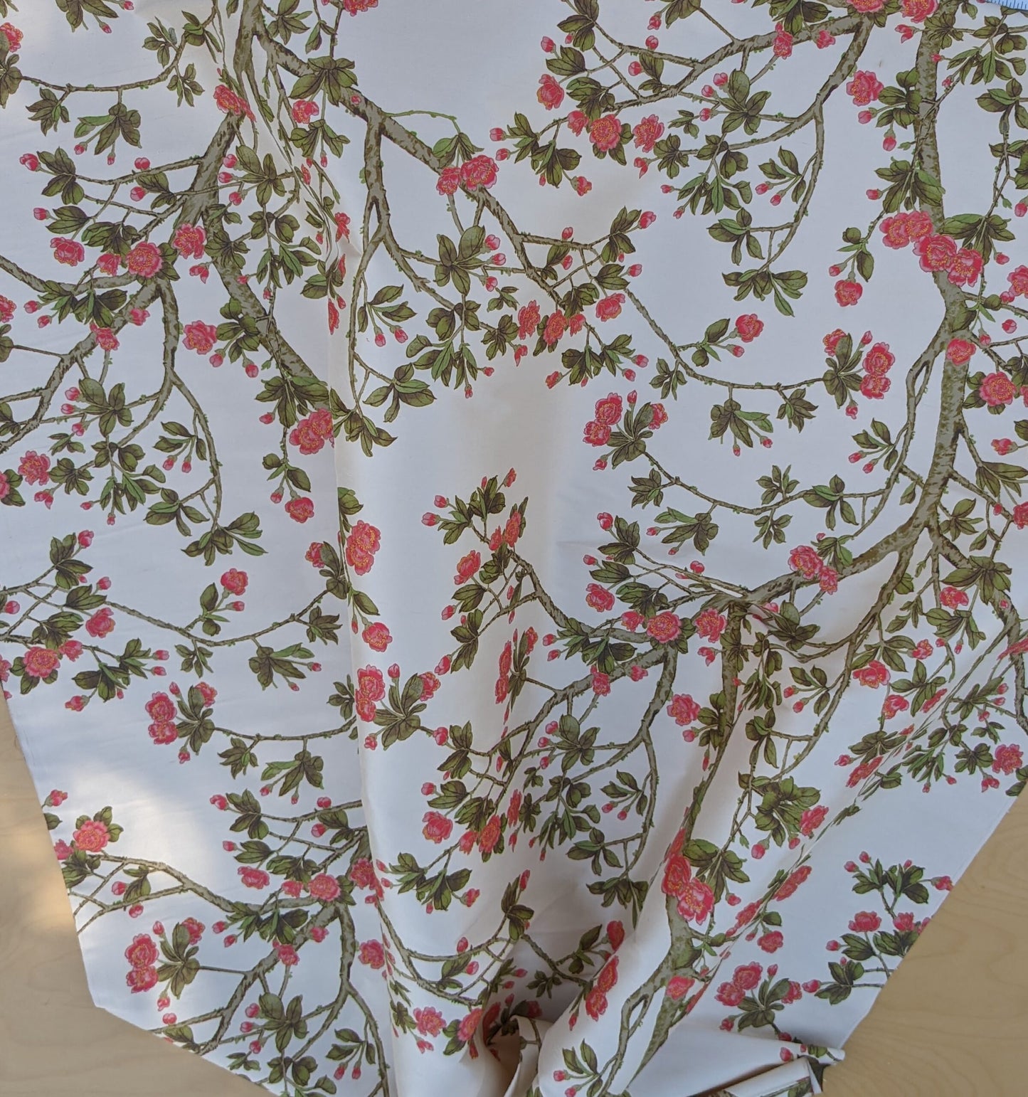 Scalamandre  KNOLLWOOD CORAL PEAR Silk Print Cherry Blossom Tree in Spring Pink Green by Old World Weavers  MSRP USD320/y