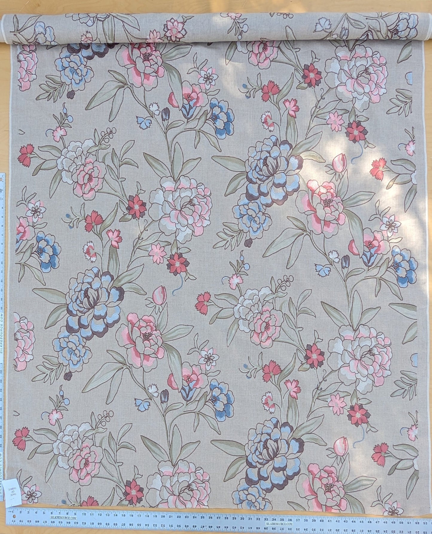 Scalamandre Embroidery Peony Salena in Rose Pink Blue on Beige Heavy Linen MSRP USD 108/y