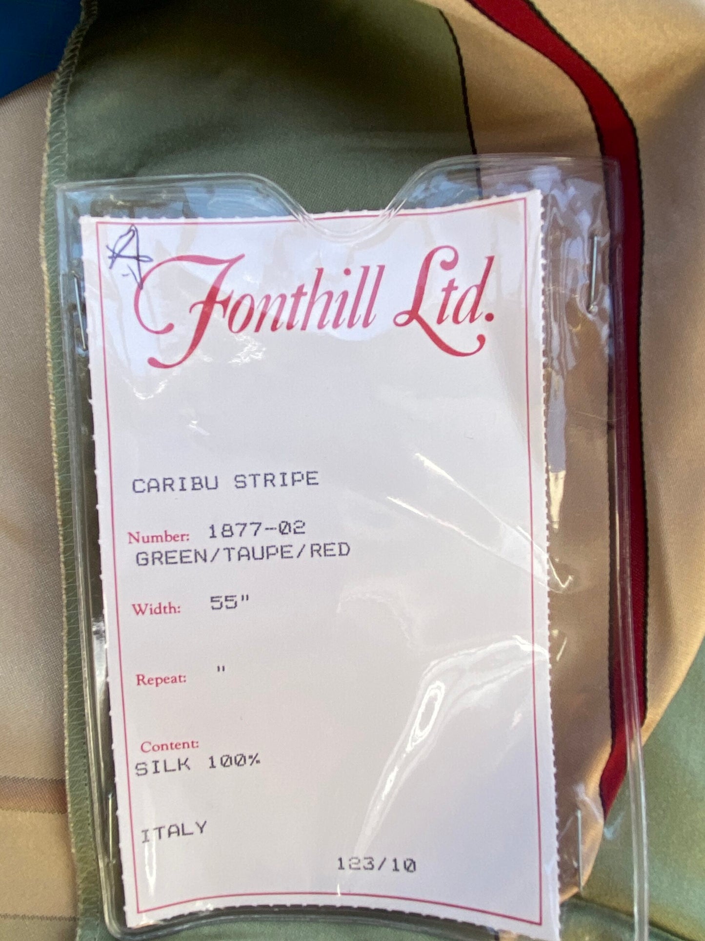 29 Berkbox73 Square Silk by Fonthill Caribu Stripe Green Taupe Red MSRP USD 200/y