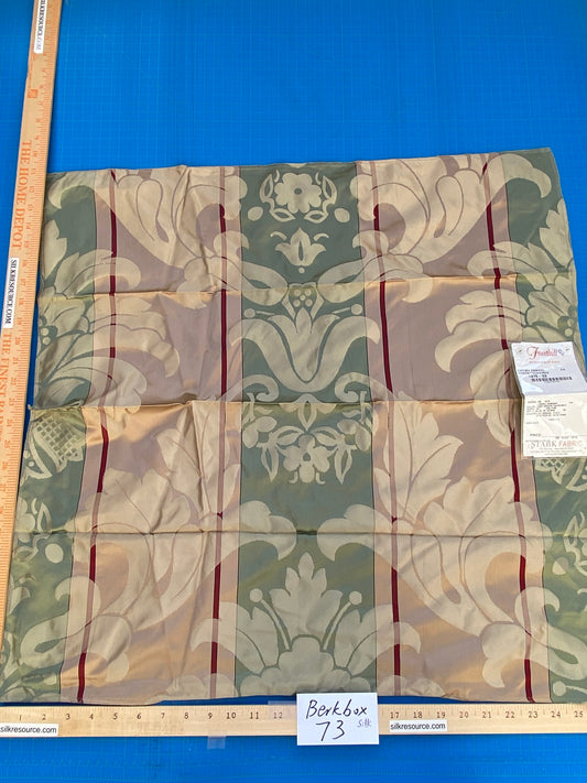 30 Berkbox73 Square Silk by Fonthill Caribu Damask Green Taupe Red Stripe MSRP USD 200+/y
