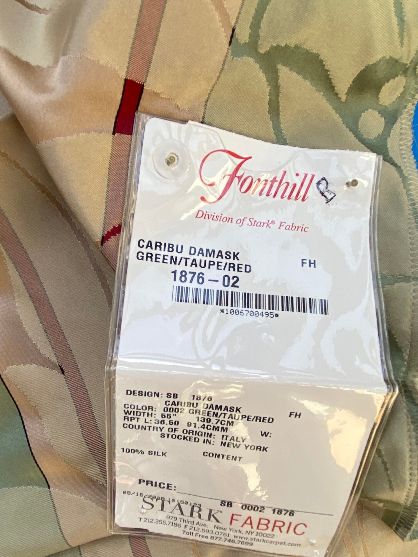 30 Berkbox73 Square Silk by Fonthill Caribu Damask Green Taupe Red Stripe MSRP USD 200+/y