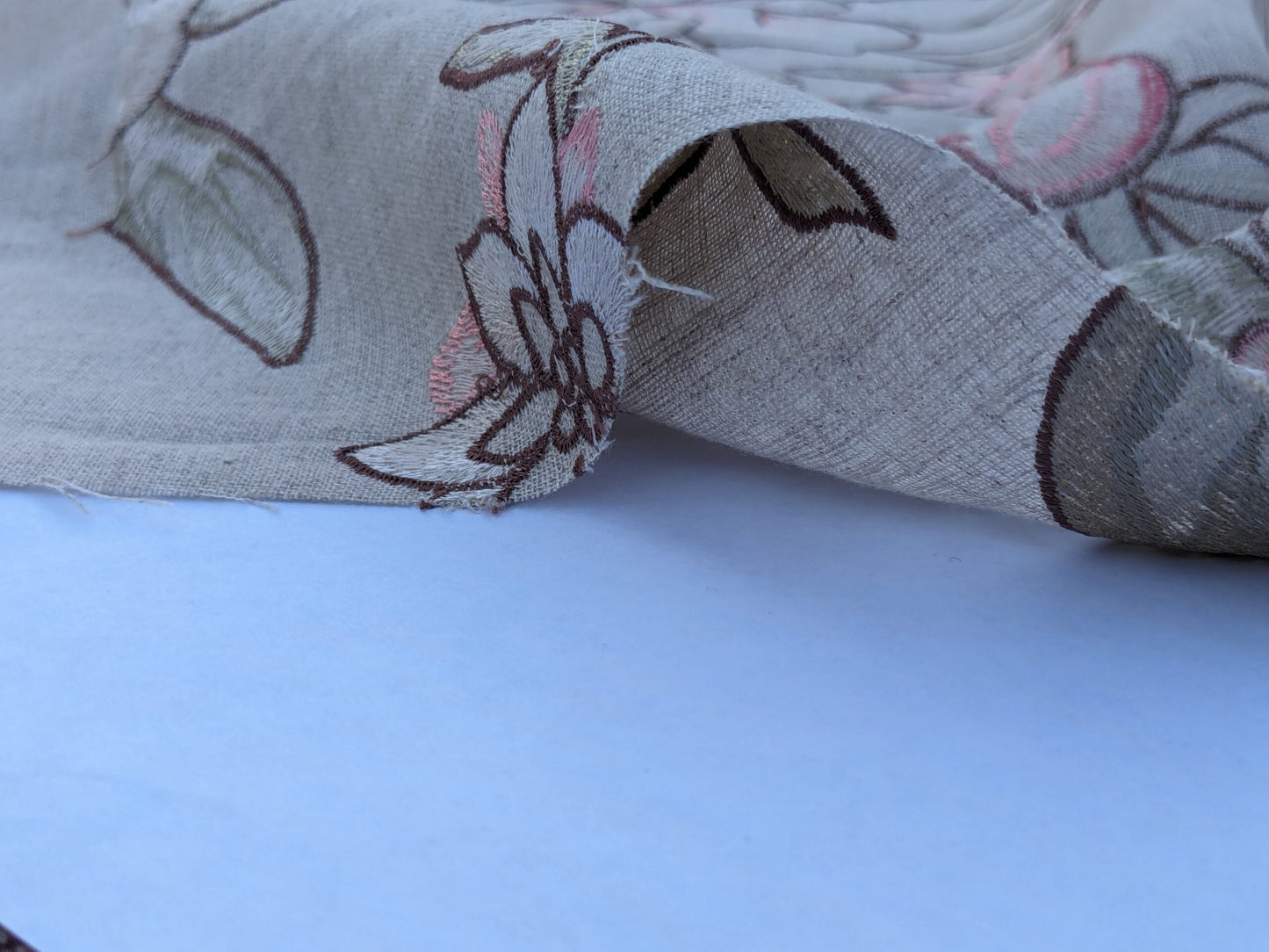 Scalamandre Embroidery Peony Salena in Rose Pink Blue on Beige Heavy Linen MSRP USD 108/y