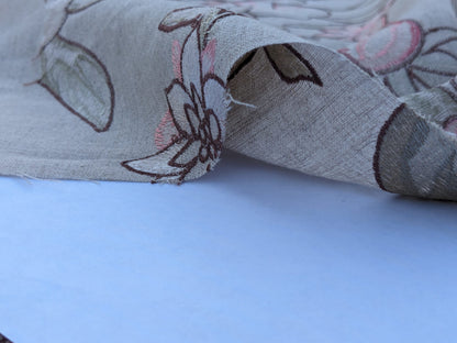 Scalamandre Embroidery Peony Salena in Rose Pink Blue on Beige Heavy Linen MSRP USD 108/y