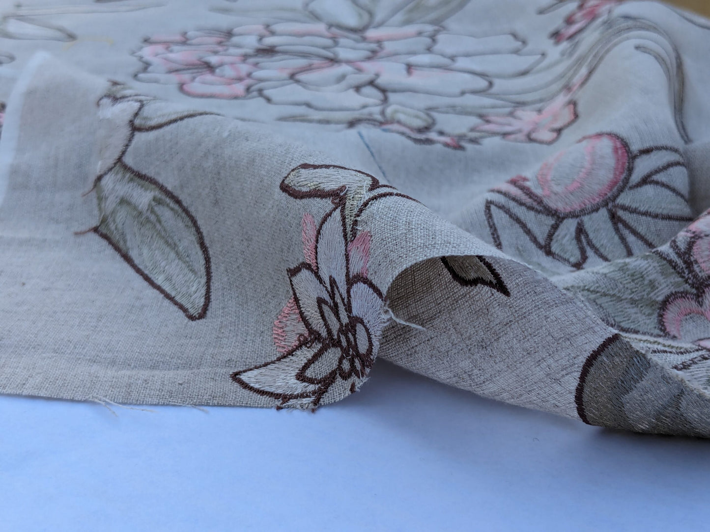 Scalamandre Embroidery Peony Salena in Rose Pink Blue on Beige Heavy Linen MSRP USD 108/y