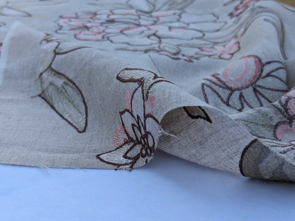 Scalamandre Embroidery Peony Salena in Rose Pink Blue on Beige Heavy Linen MSRP USD 108/y