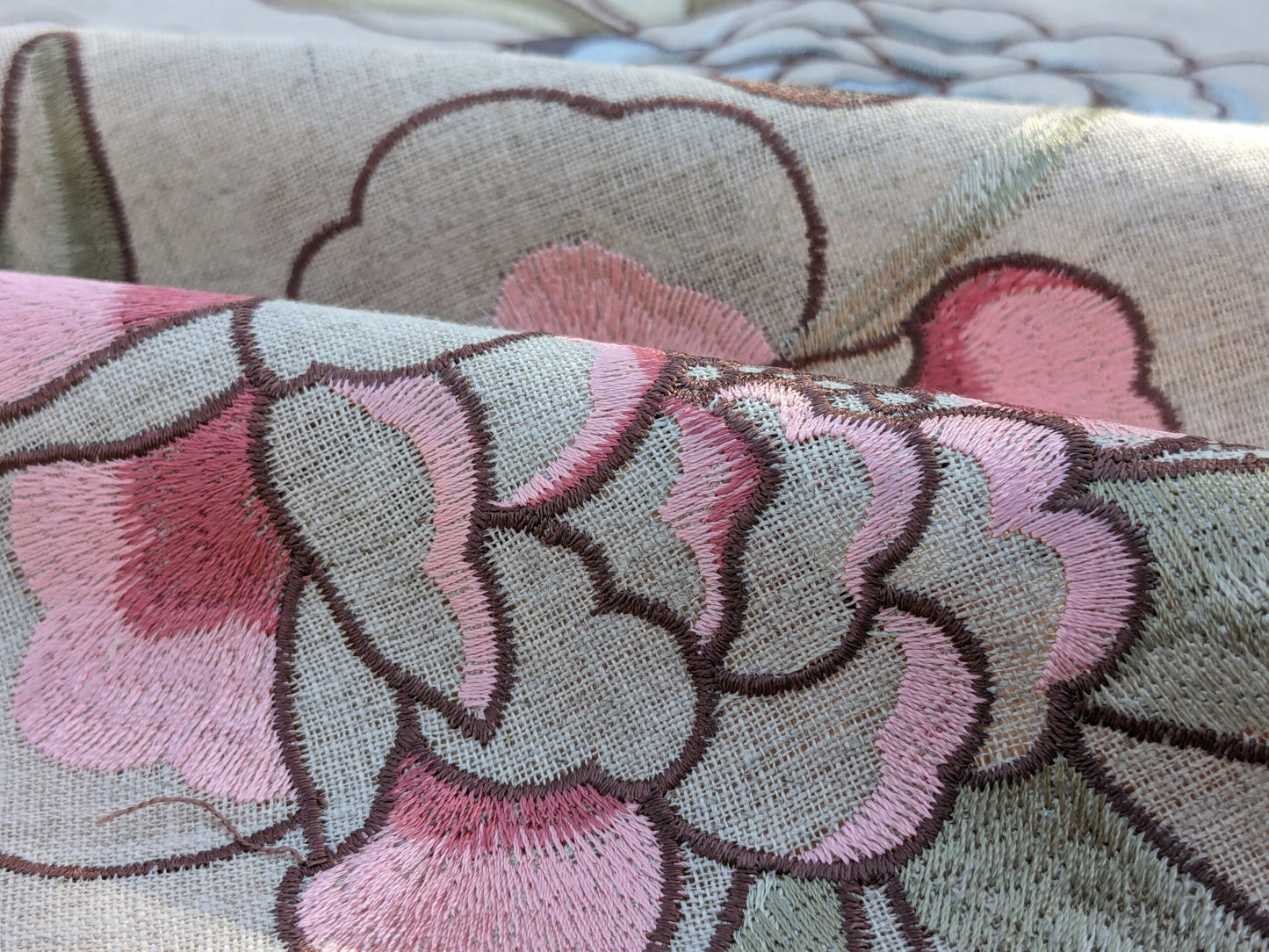 Scalamandre Embroidery Peony Salena in Rose Pink Blue on Beige Heavy Linen MSRP USD 108/y