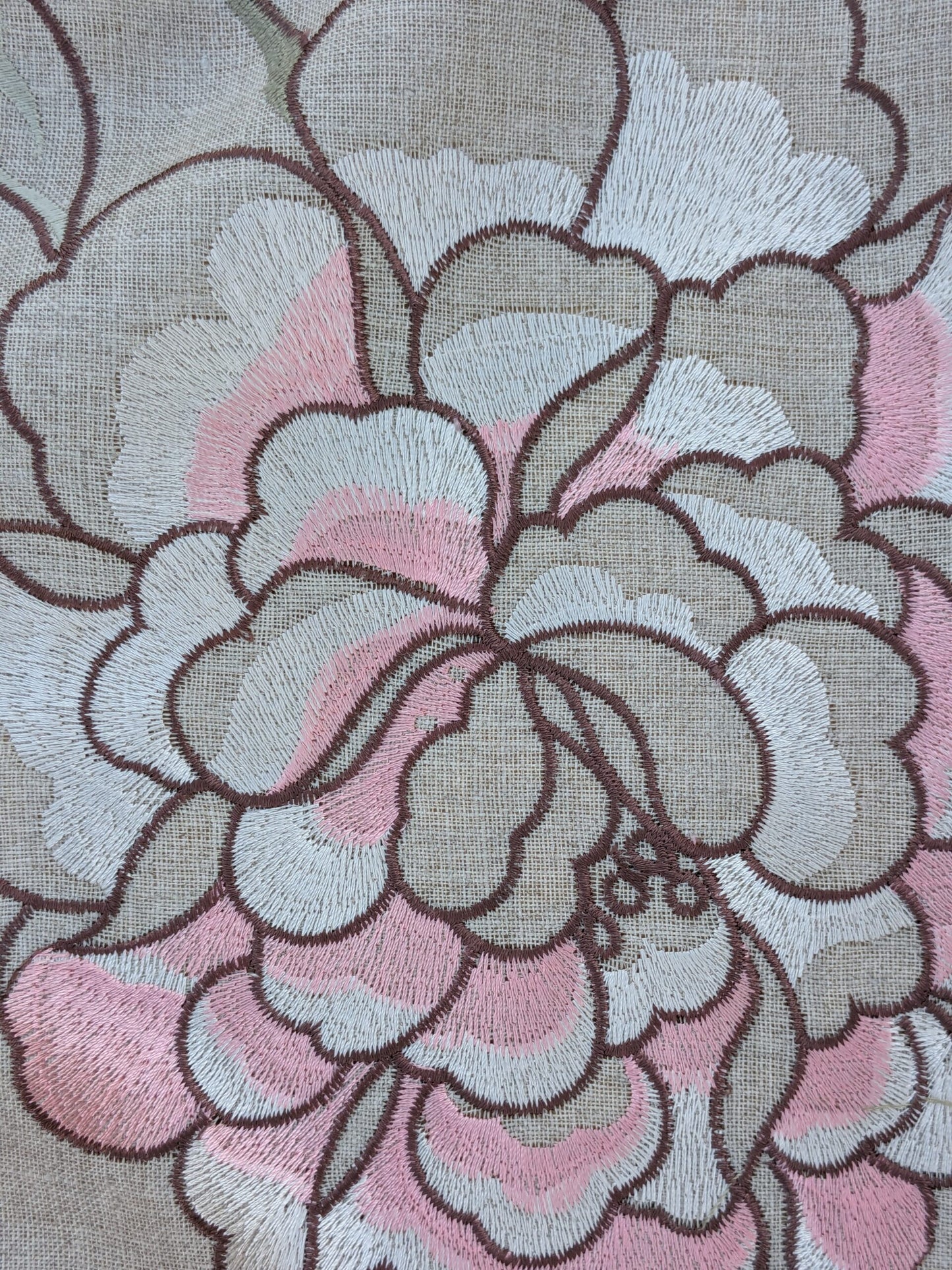 Scalamandre Embroidery Peony Salena in Rose Pink Blue on Beige Heavy Linen MSRP USD 108/y