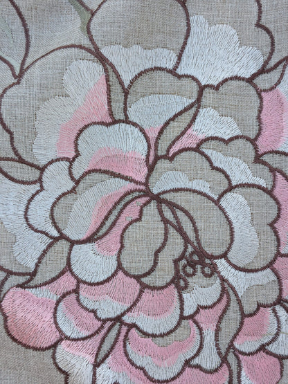 Scalamandre Embroidery Peony Salena in Rose Pink Blue on Beige Heavy Linen MSRP USD 108/y