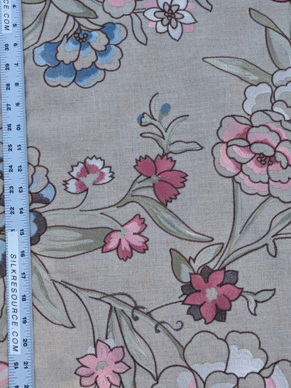 Scalamandre Embroidery Peony Salena in Rose Pink Blue on Beige Heavy Linen MSRP USD 108/y