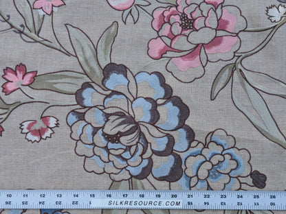 Scalamandre Embroidery Peony Salena in Rose Pink Blue on Beige Heavy Linen MSRP USD 108/y