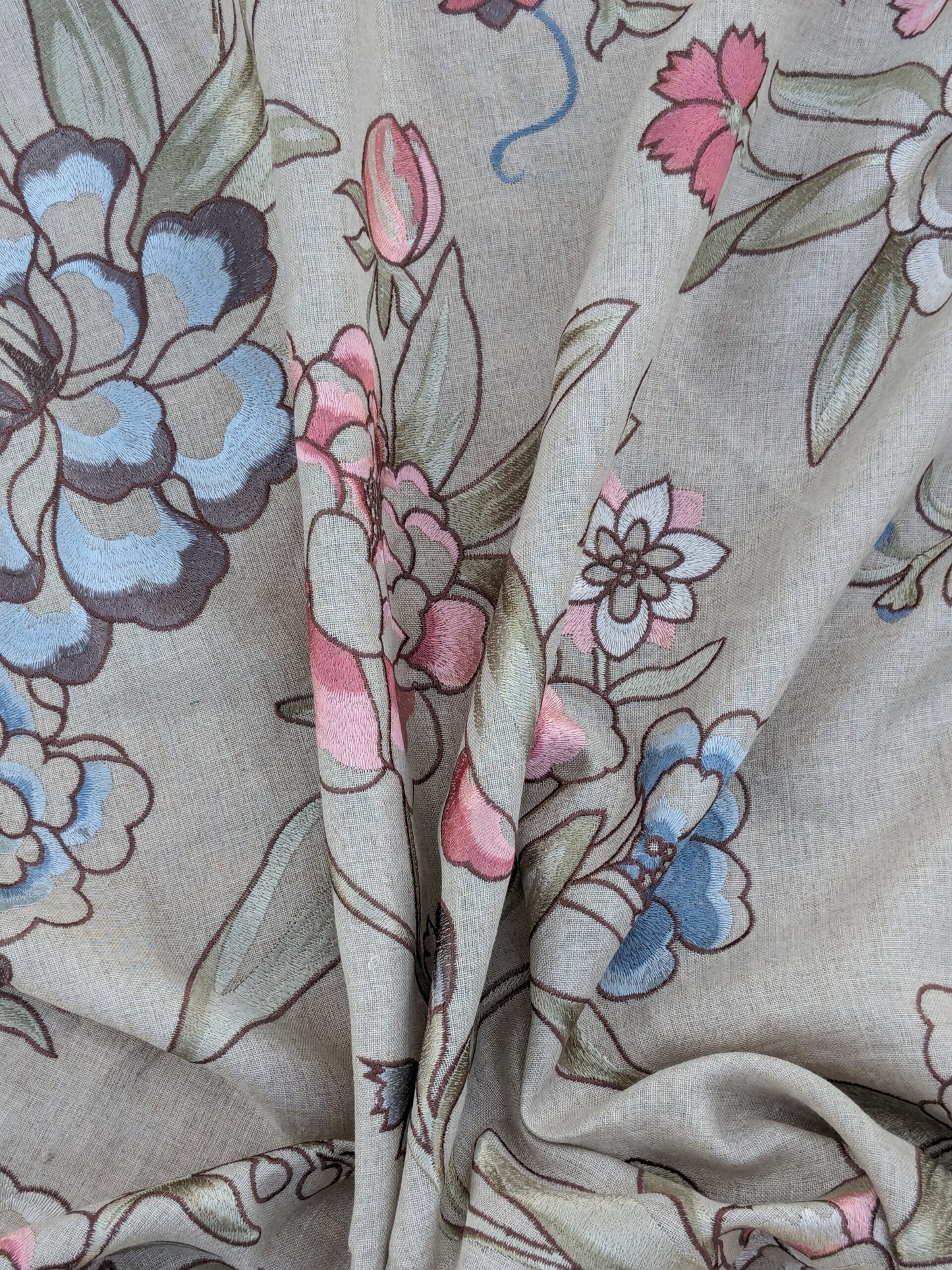 Scalamandre Embroidery Peony Salena in Rose Pink Blue on Beige Heavy Linen MSRP USD 108/y
