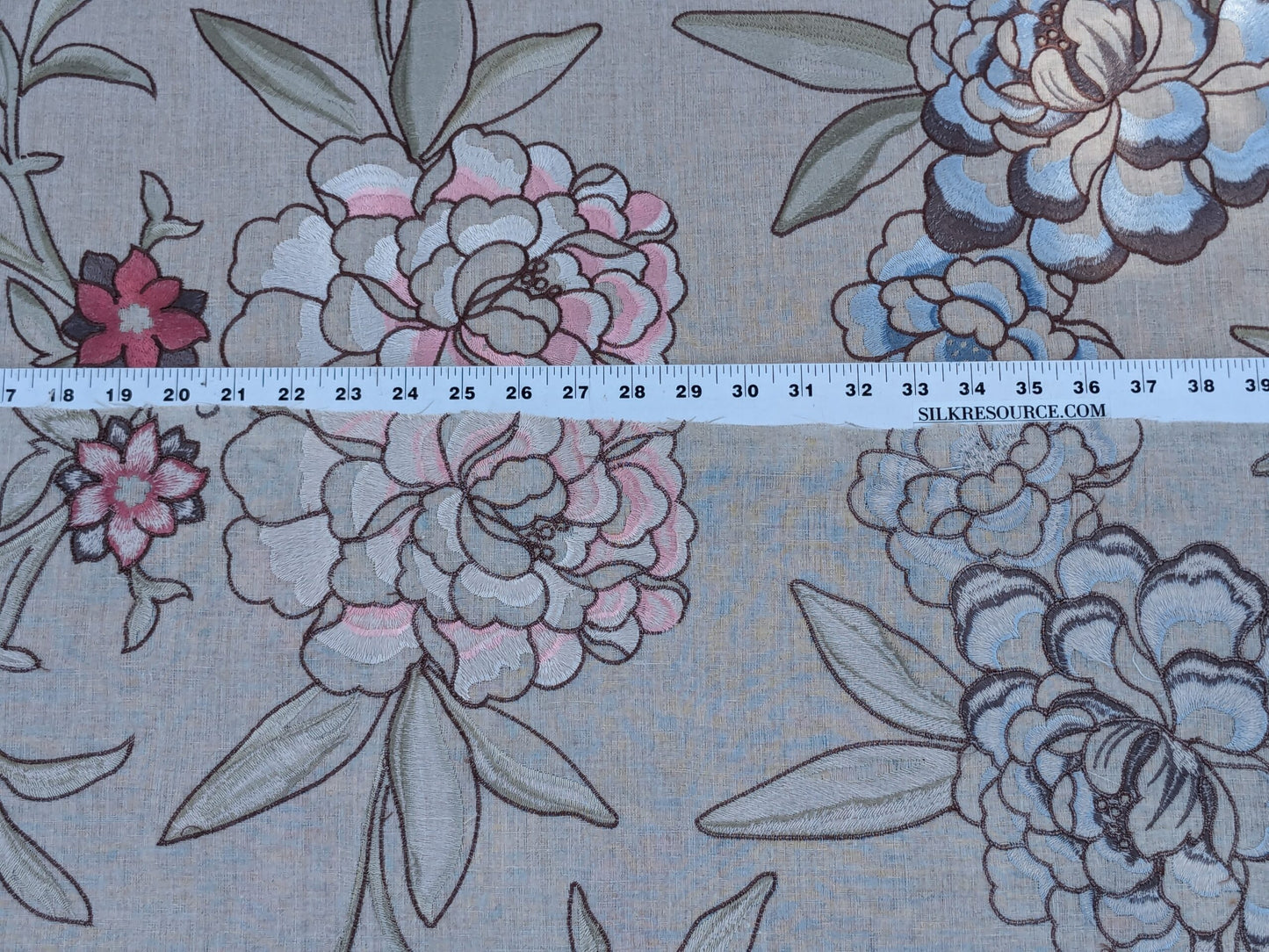 Scalamandre Embroidery Peony Salena in Rose Pink Blue on Beige Heavy Linen MSRP USD 108/y