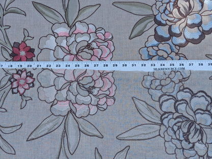 Scalamandre Embroidery Peony Salena in Rose Pink Blue on Beige Heavy Linen MSRP USD 108/y
