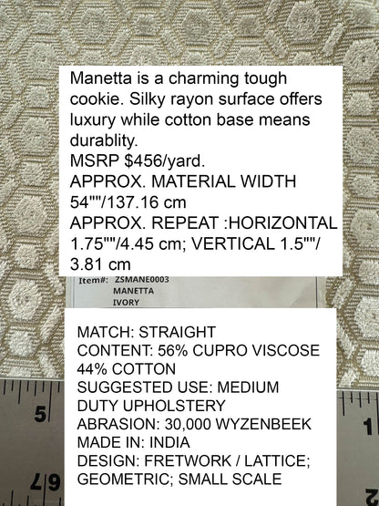 By Yard Scalamandre Manetta Ivory Cut Velvet  Small Scale Hexagon Cotton Viscose - By The Yard
