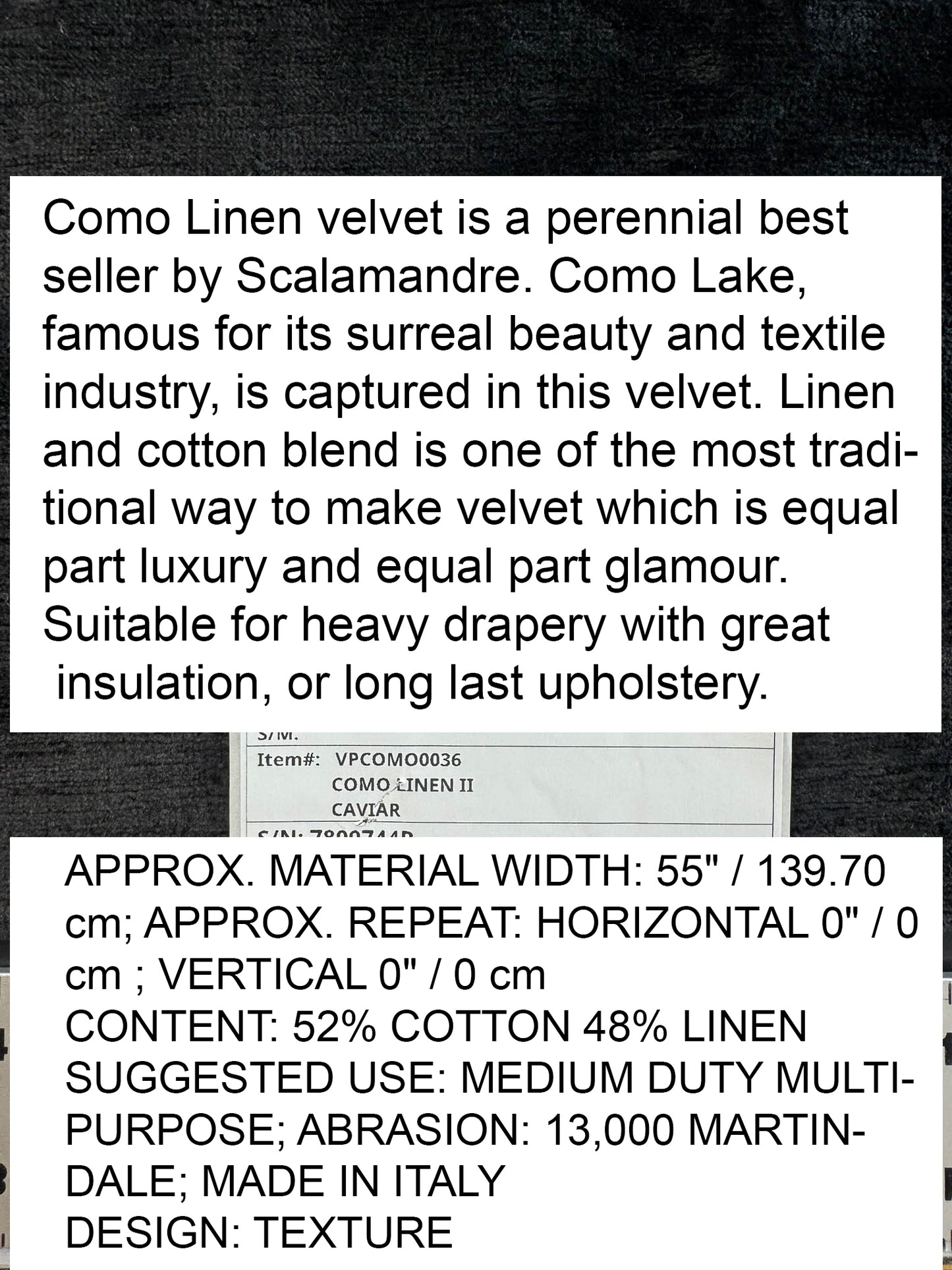 Scalamandre Como Linen II Caviar Black Velvet Solid Cotton - By The Yard - MSRP USD340/y