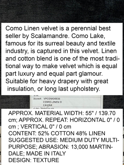Scalamandre Como Linen II Caviar Black Velvet Solid Cotton - By The Yard - MSRP USD340/y