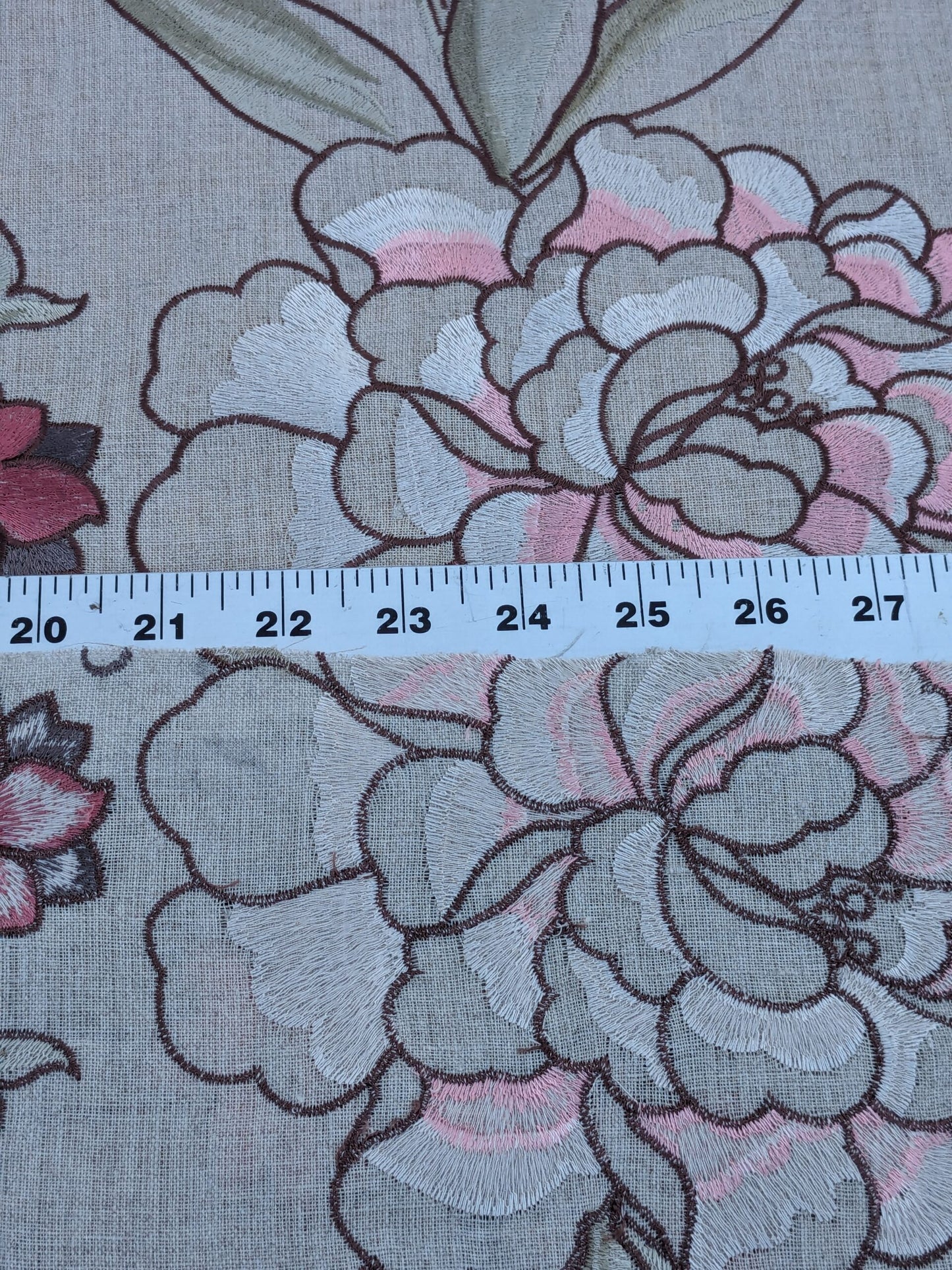 Scalamandre Embroidery Peony Salena in Rose Pink Blue on Beige Heavy Linen MSRP USD 108/y