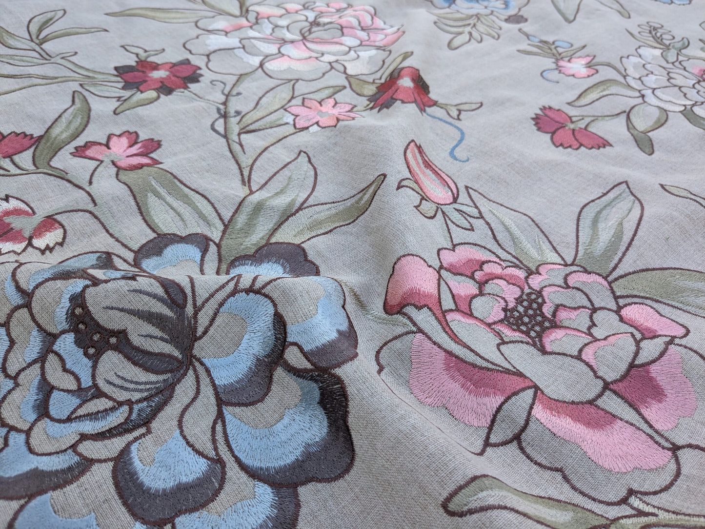 Scalamandre Embroidery Peony Salena in Rose Pink Blue on Beige Heavy Linen MSRP USD 108/y
