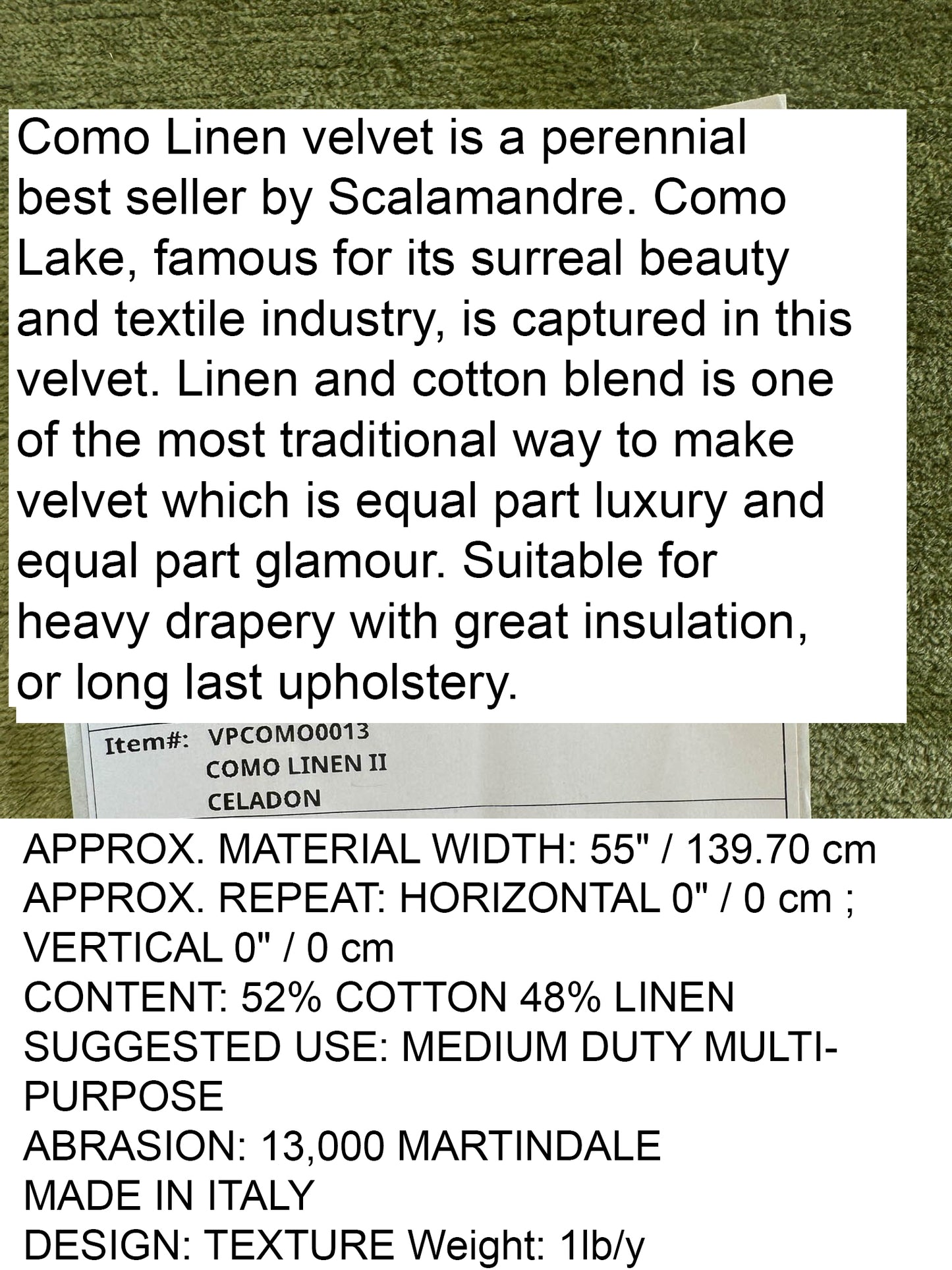 Scalamandre Como Linen II Celadon Green Velvet Solid Cotton - By The Yard - MSRP USD340/y