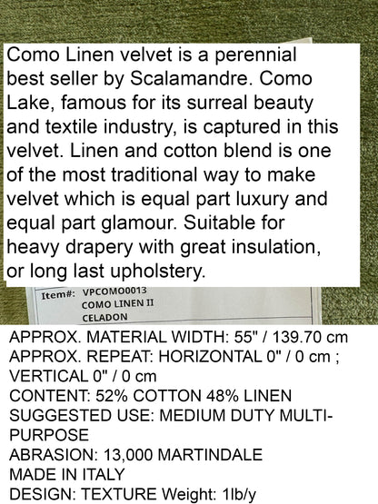 Scalamandre Como Linen II Celadon Green Velvet Solid Cotton - By The Yard - MSRP USD340/y
