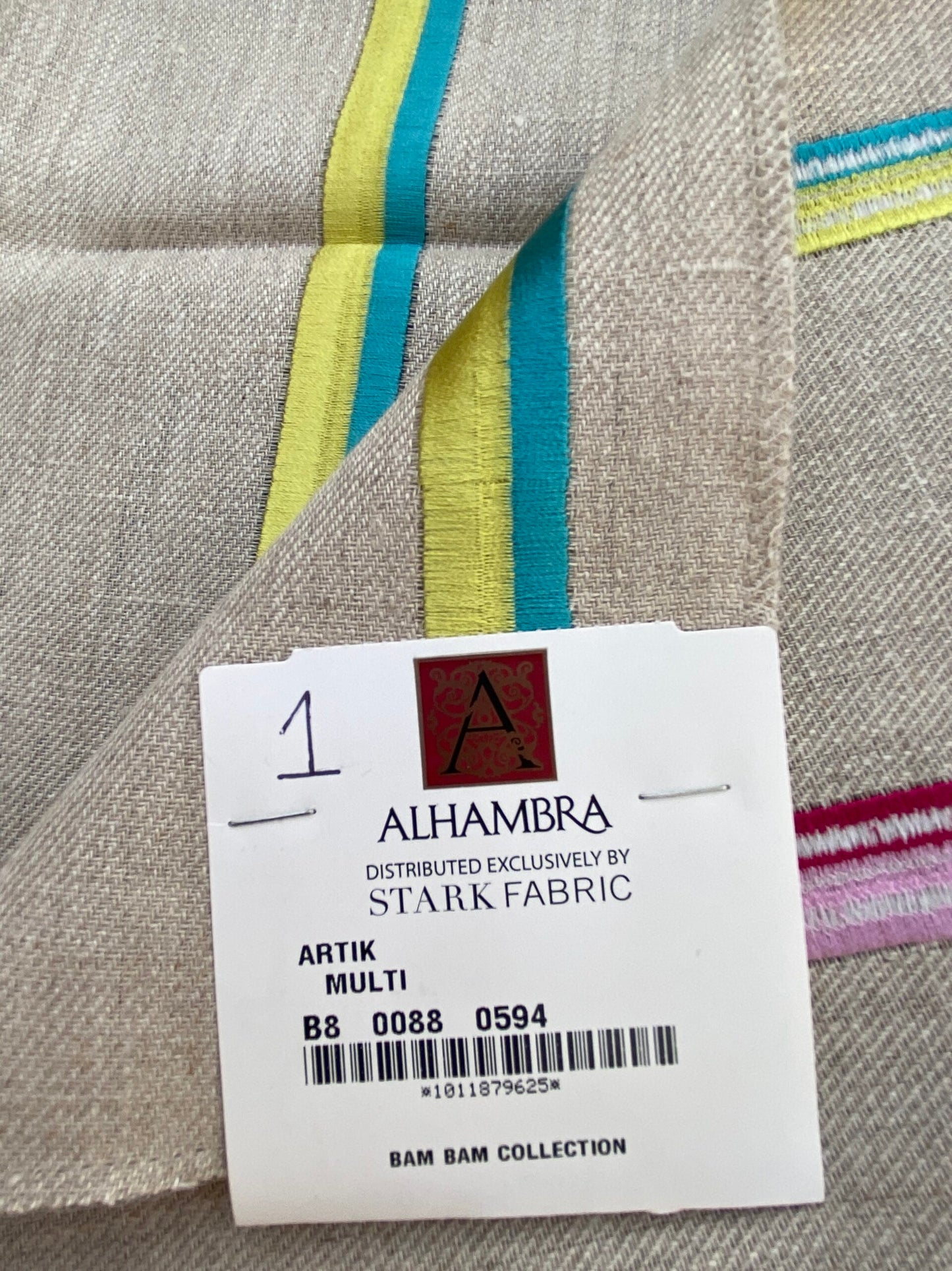 2 Berkbox75 Square Embroidery by Alhambra Altik Multi Stripe Kids Nursery on Beige MSRP USD 300+/Y