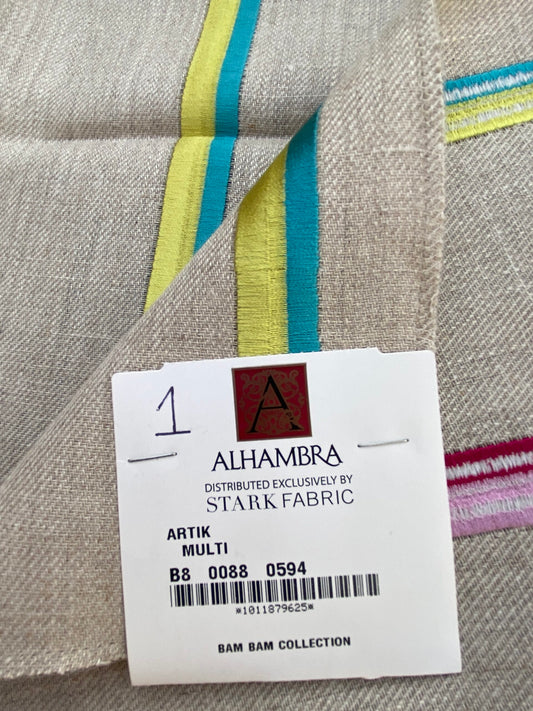 2 Berkbox75 Square Embroidery by Alhambra Altik Multi Stripe Kids Nursery on Beige MSRP USD 300+/Y