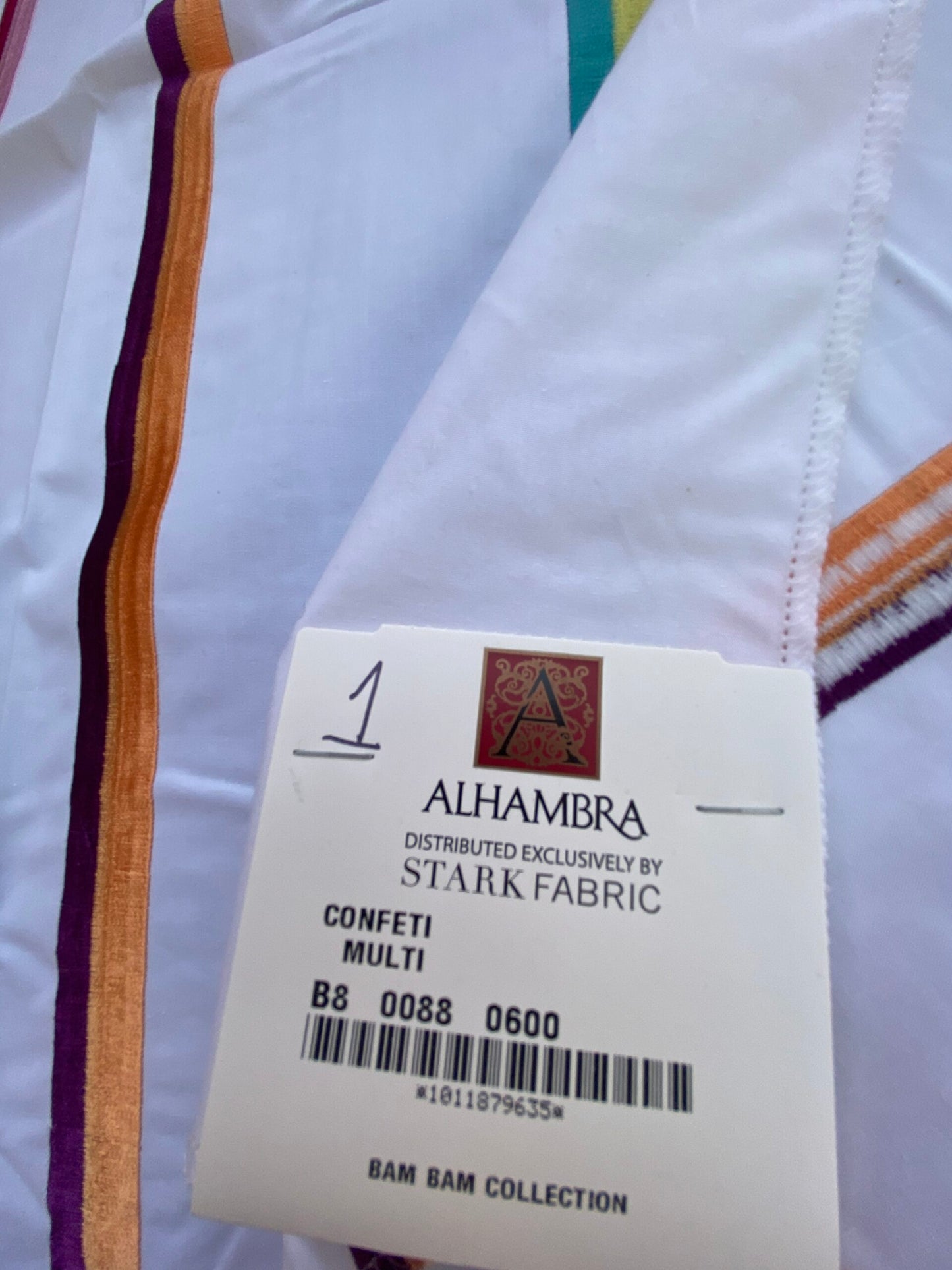 4 Berkbox75 Square Embroidery by Alhambra Confeti Multi on White Stripe MSRP USD 300+/Y