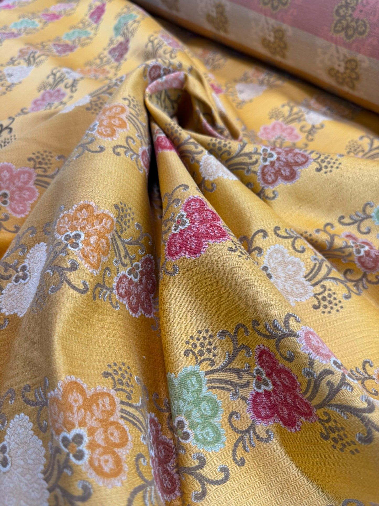 Scalamandre Fleur Multi/Maize Yellow Radiance Traditional Flower Garland Stripe Red Pink Blue Yellow Cotton - By The Yard - MSRP USD216/y