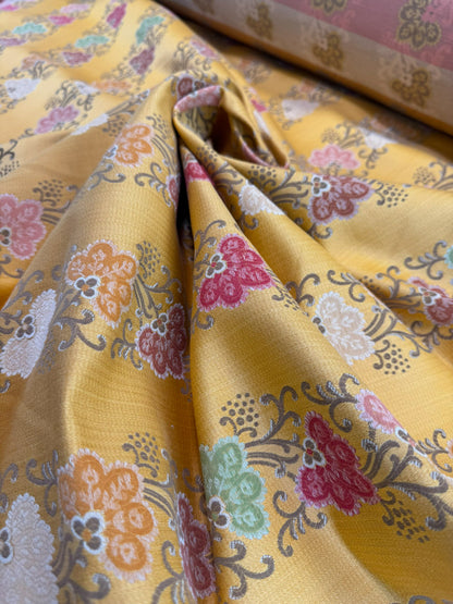 Scalamandre Fleur Multi/Maize Yellow Radiance Traditional Flower Garland Stripe Red Pink Blue Yellow Cotton - By The Yard - MSRP USD216/y