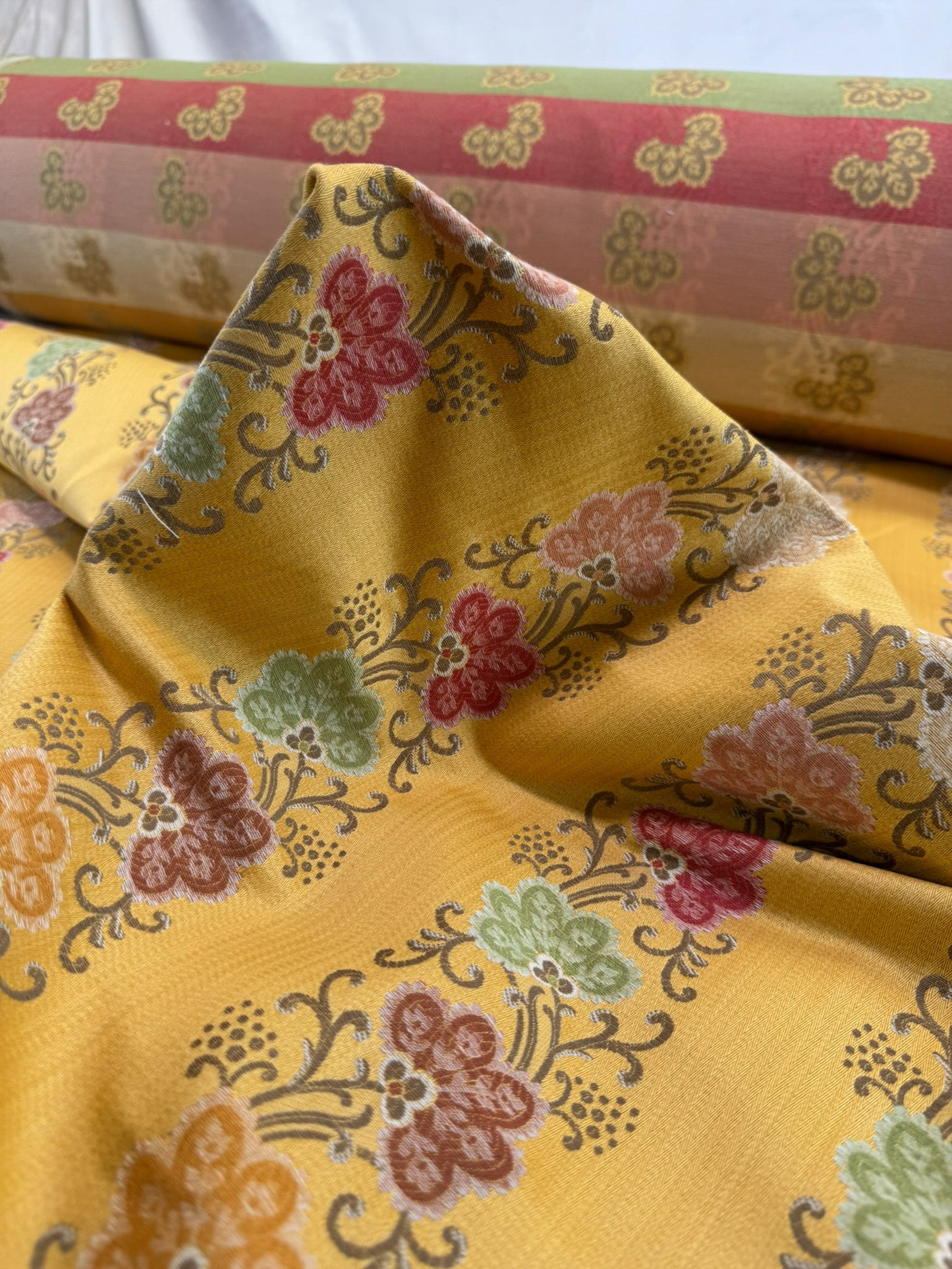 Scalamandre Fleur Multi/Maize Yellow Radiance Traditional Flower Garland Stripe Red Pink Blue Yellow Cotton - By The Yard - MSRP USD216/y