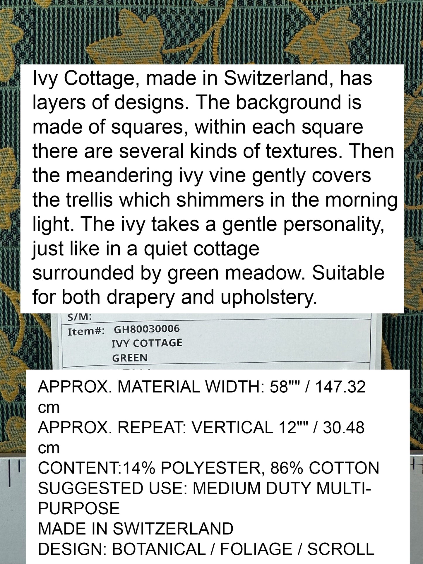 Scalamandre Ivy Cottage Green Gold Vine and Trellis Botanical Foliage Scroll Square Cotton - By The Yard -MSRP USD192/y