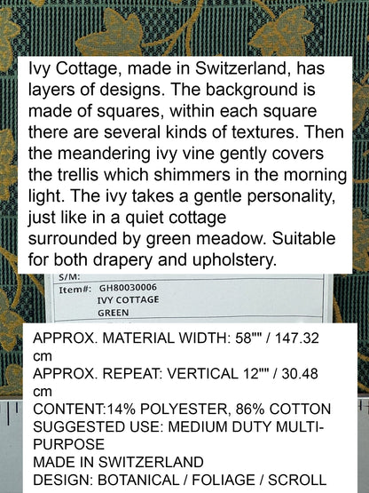 Scalamandre Ivy Cottage Green Gold Vine and Trellis Botanical Foliage Scroll Square Cotton - By The Yard -MSRP USD192/y