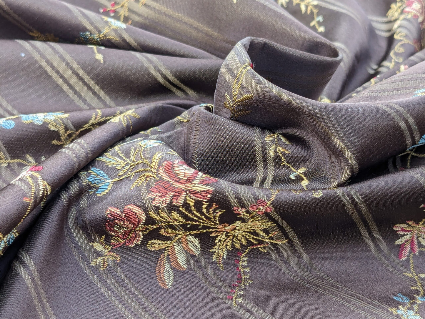 Scalamandre Eveline Truffle Classic French Rococo Silk Lampas Eveline in Truffle Brown Gold Blue Red MSRP USD320/y