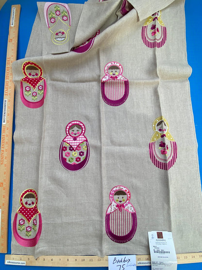 10 Berkbox75 Square Embroidery by Alhambra Dolly Fuschia Pink on Taupe 1.2yd x 26 MSRP USD 306/Y