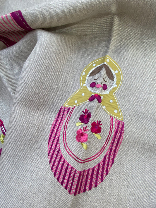 10 Berkbox75 Square Embroidery by Alhambra Dolly Fuschia Pink on Taupe 1.2yd x 26 MSRP USD 306/Y