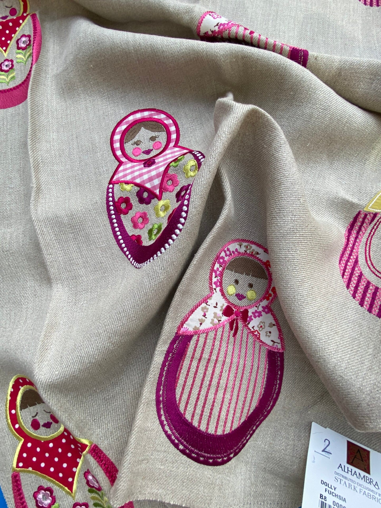 10 Berkbox75 Square Embroidery by Alhambra Dolly Fuschia Pink on Taupe 1.2yd x 26 MSRP USD 306/Y