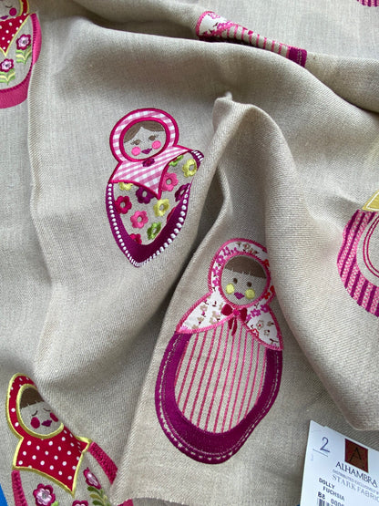 10 Berkbox75 Square Embroidery by Alhambra Dolly Fuschia Pink on Taupe 1.2yd x 26 MSRP USD 306/Y