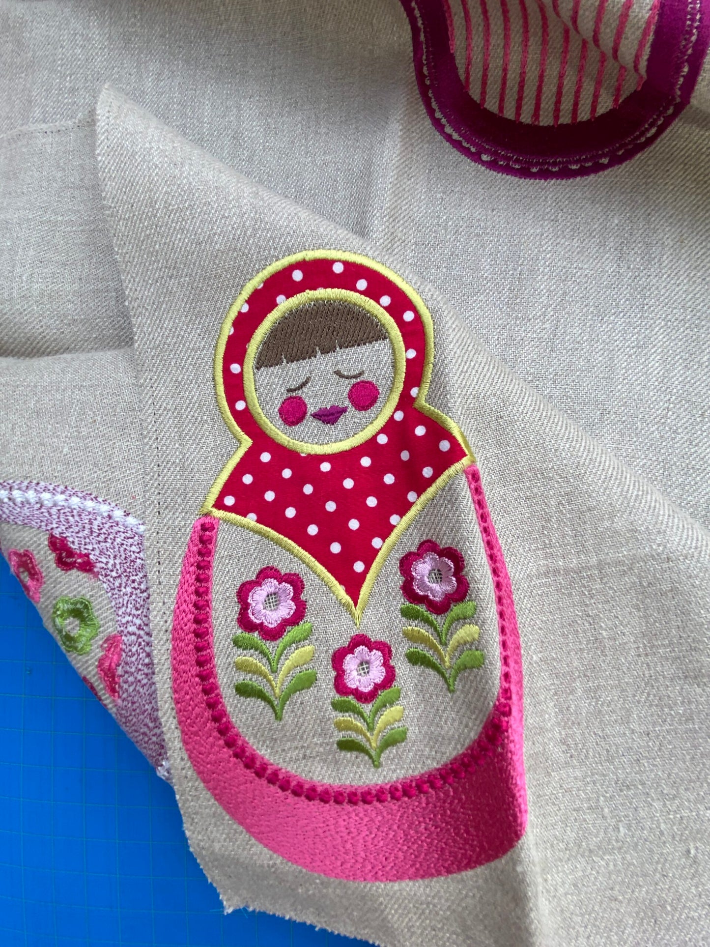 10 Berkbox75 Square Embroidery by Alhambra Dolly Fuschia Pink on Taupe 1.2yd x 26 MSRP USD 306/Y