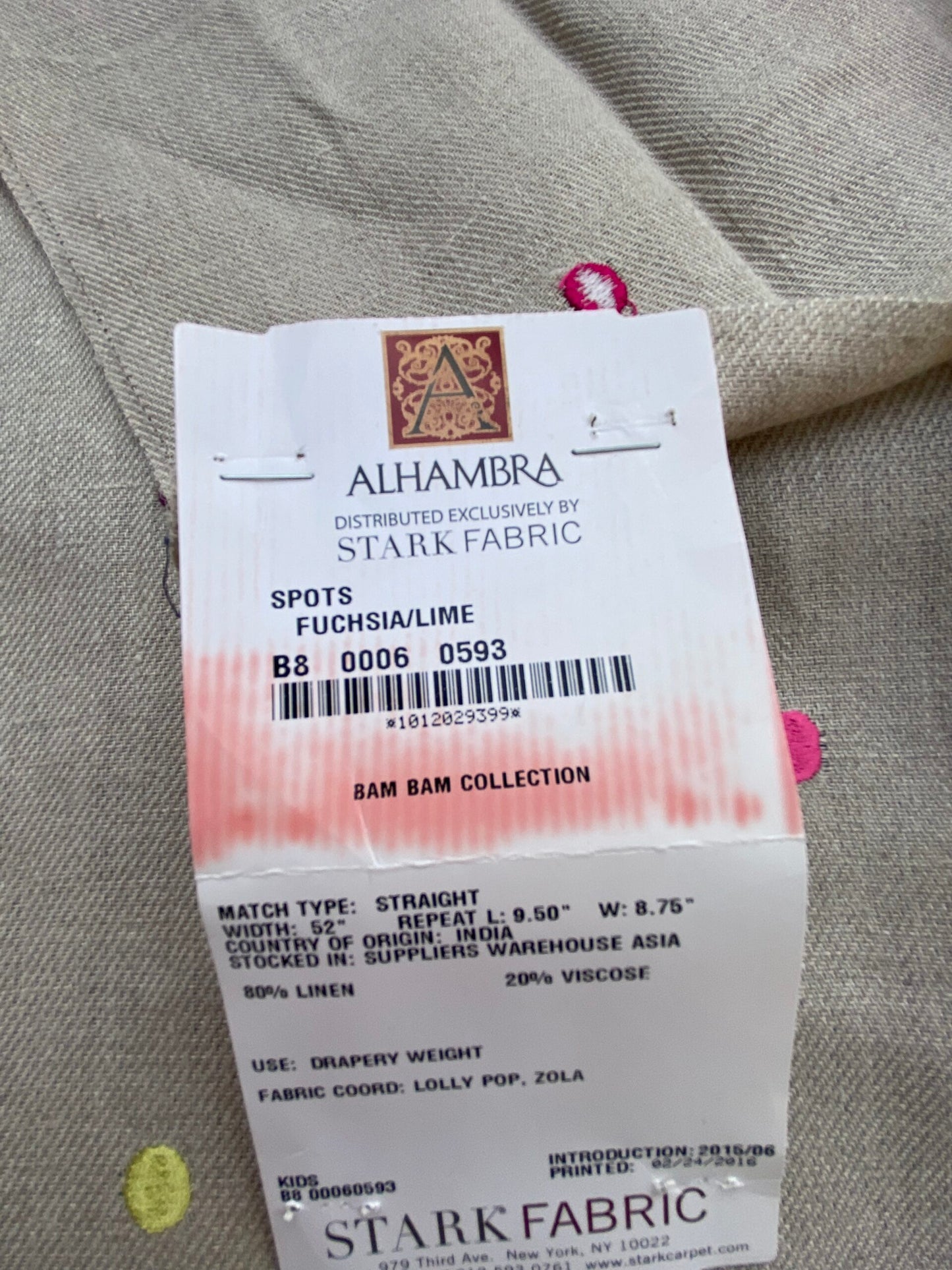 11 Berkbox75 Square Embroidery by Alhambra Spots Fuschia Lime MSRP USD Small Scale Kids Nursery 1.2yd x 26"  MSRP USD 300+/Y