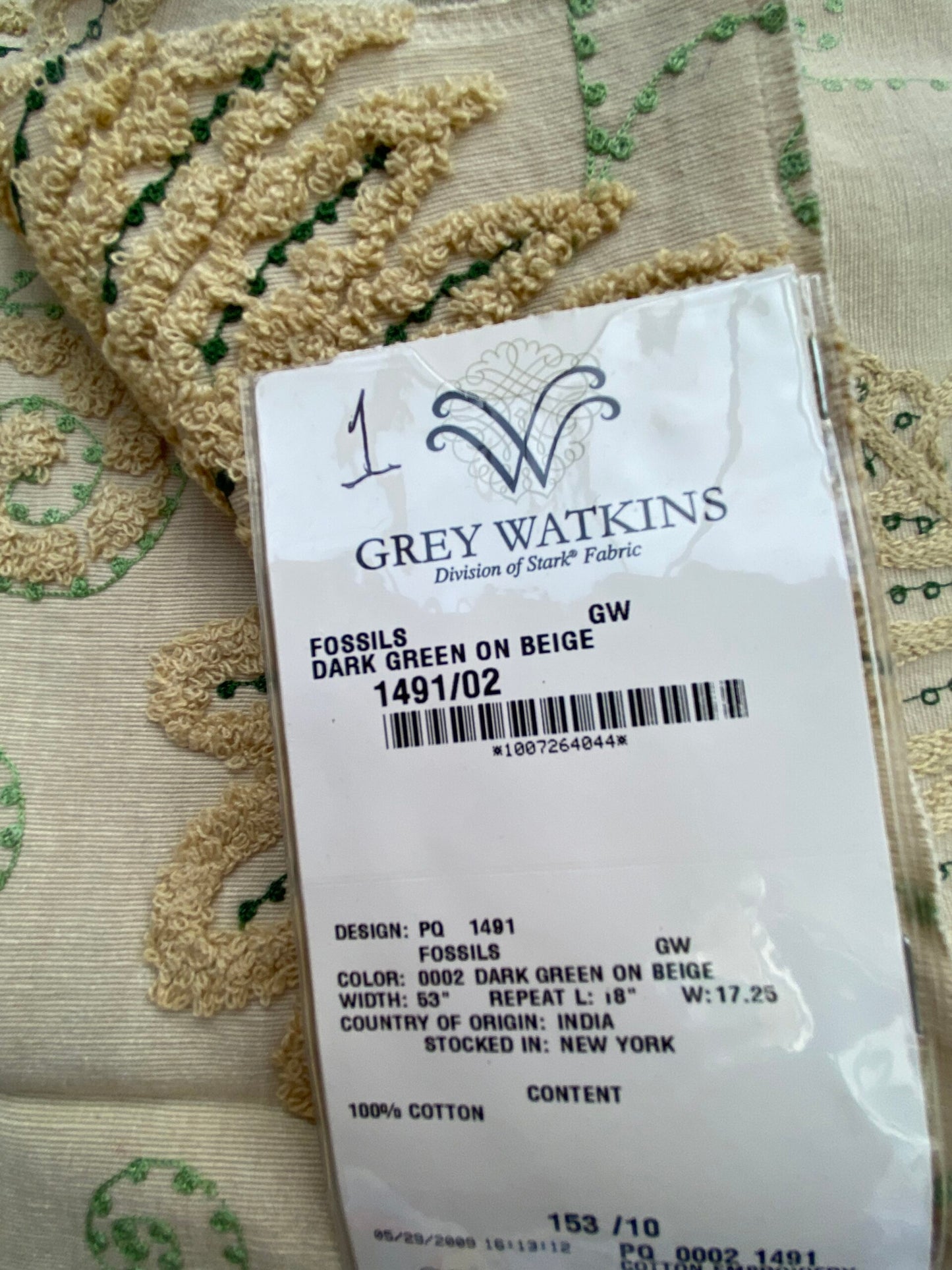 12 Berkbox75 Square Embroidery by Grey Watkins Fossils Dark Green on Beige Cotton Fern MSRP USD 372/Y