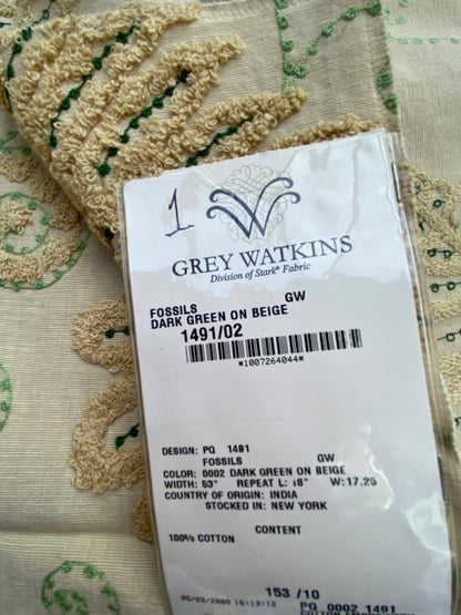 12 Berkbox75 Square Embroidery by Grey Watkins Fossils Dark Green on Beige Cotton Fern MSRP USD 372/Y