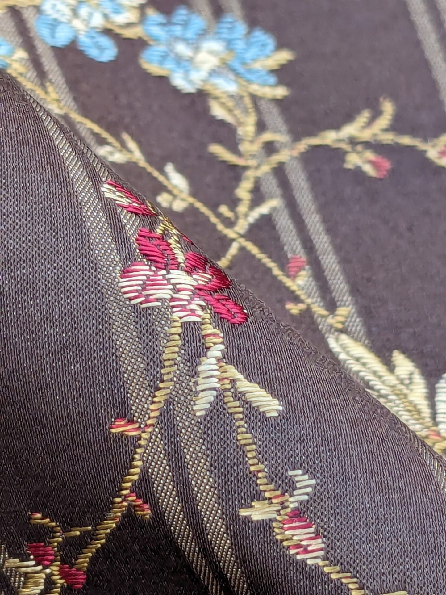 Scalamandre Eveline Truffle Classic French Rococo Silk Lampas Eveline in Truffle Brown Gold Blue Red MSRP USD320/y