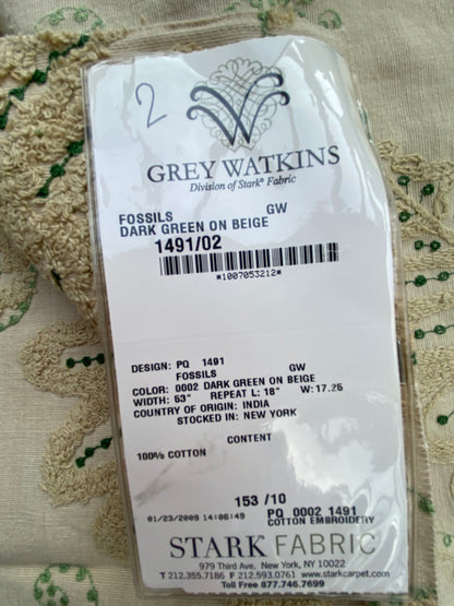 13 Berkbox75 Square Embroidery by Grey Watkins Fossils Dark Green on Beige Cotton Fern MSRP USD 372/Y