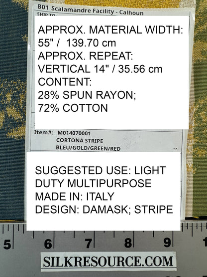 Scalamandre Cortona Stripe Bleu Gold Green Red Under the Tuscany Sun Renaissance Artichoke Damask Strie Stripe Cotton Blend -By The Yard